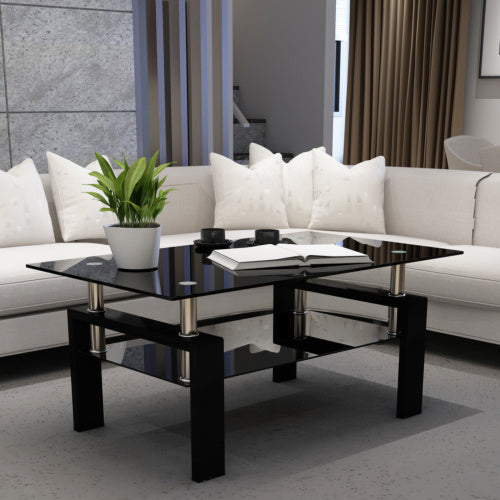 Modern black glass coffee table with double-layer glass structure, metal tube frame for living room or office.