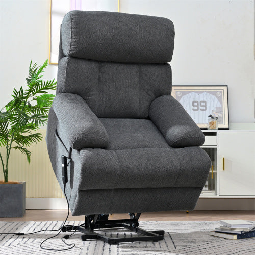 Dark gray oversized power lift recliner chair with electric reclining function, side pocket, and plush cushioning. Ideal for seniors and home theater seating.