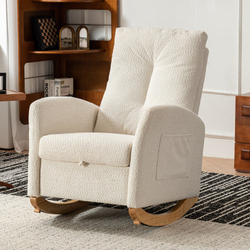 Upholstered rocking chair with footrest, high backrest, and solid wood base, ideal for living room and bedroom