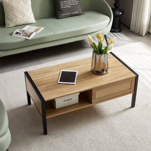 Natural rattan coffee table with sliding door and metal legs