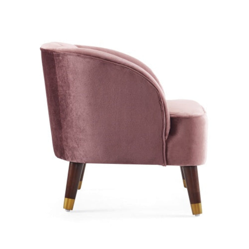 "Upholstered barrel accent chair with tufted backrest and boucle fabric