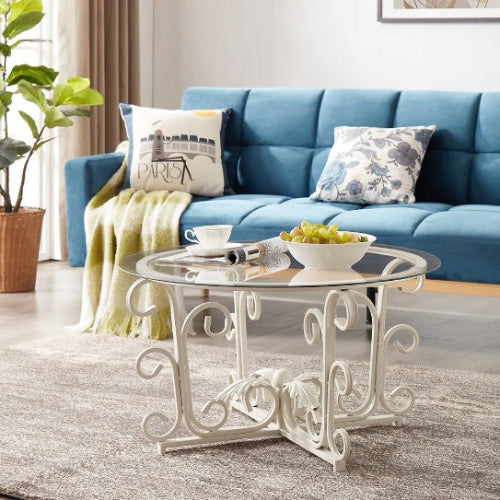 Elegant white coffee table with a unique metal frame, ideal for living rooms and offices.