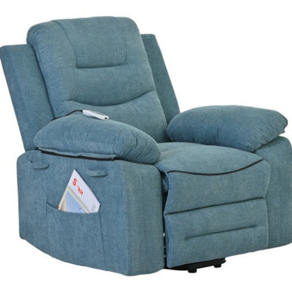 Blue power lift massage recliner chair with heating, infinite reclining positions, and side storage pocket for seniors and living room comfort.