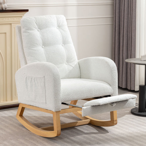 Elegant white rocking chair with footrest, high back support, and cushioned seat. Ideal for nurseries, bedrooms, or cozy reading nooks.