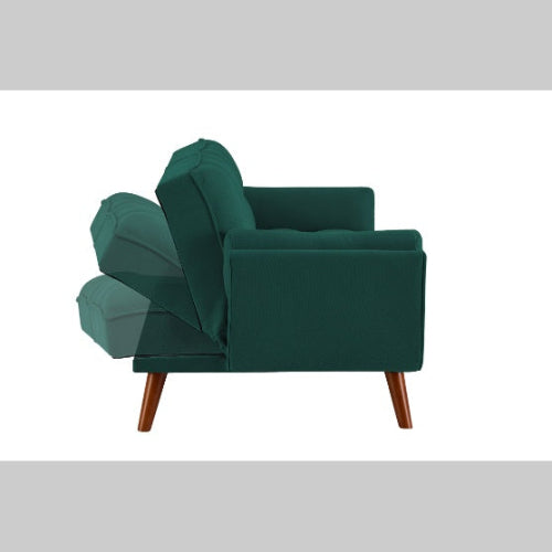 Elegant green velvet sofa with reclining backrest that easily converts into a bed. Ideal for living rooms or guest rooms, combining luxury and functionality.