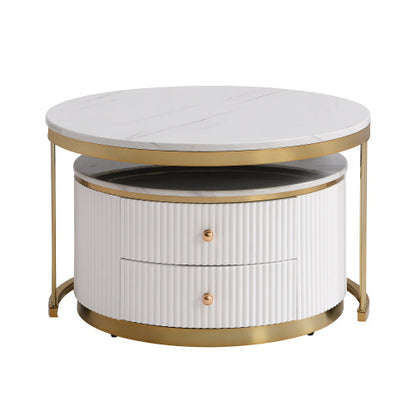 Modern 2-Piece White Round Nesting Coffee Table with Drawers