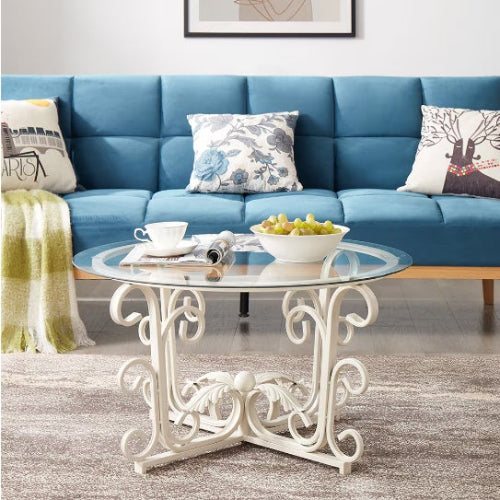 Elegant white coffee table with a unique metal frame, ideal for living rooms and offices.