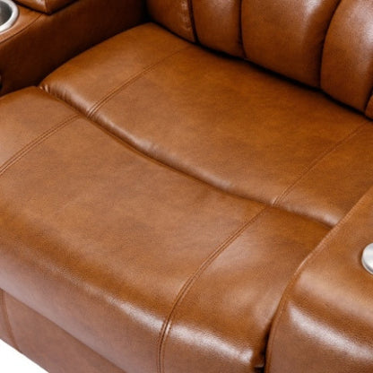 Luxury power motion recliner with USB charging, hidden storage, Bluetooth speaker, LED lighting, and cup holder in light brown PU leather