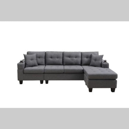 Modern sectional sofa in grey with high-density foam cushions, S-shaped spring backrests, bilateral cup holders, and plastic feet to prevent floor scratches. Stylish, practical, and comfortable design for contemporary living rooms.