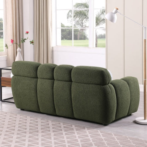 Elegant green bouclé 3-seater sofa with high-density foam cushions and two pillows for extra support. Perfect for adding style and comfort to any room.