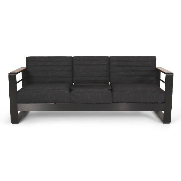 Elegant outdoor sofa with aluminum frame, water-resistant cushions, wood composite accents, slat design, comfortable seating for terrace, patio, or backyard, outdoor relaxation spot.

