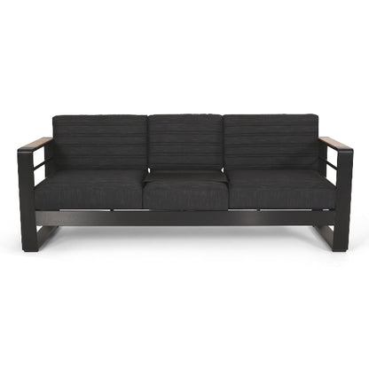 Elegant outdoor sofa with aluminum frame, water-resistant cushions, wood composite accents, slat design, comfortable seating for terrace, patio, or backyard, outdoor relaxation spot.

