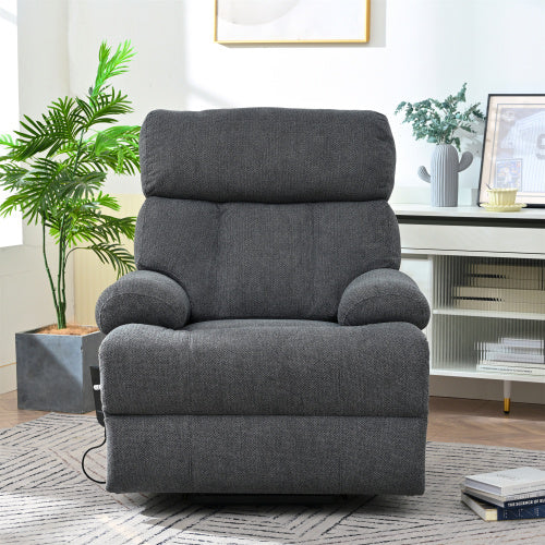 Dark gray oversized power lift recliner chair with electric reclining function, side pocket, and plush cushioning. Ideal for seniors and home theater seating.