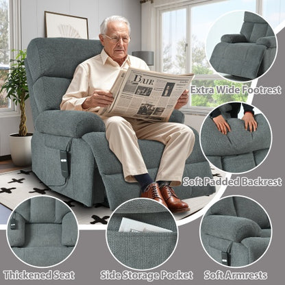 Dark gray oversized power lift recliner chair with electric reclining function, side pocket, and plush cushioning. Ideal for seniors and home theater seating.