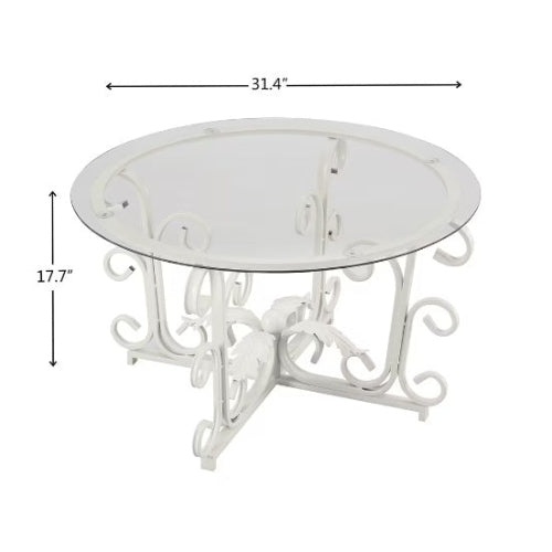 Round Tempered Glass Coffee Table with Metal Leaf-Shaped Base