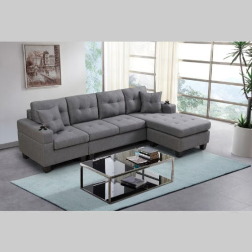 Modern sectional sofa in grey with high-density foam cushions, S-shaped spring backrests, bilateral cup holders, and plastic feet to prevent floor scratches. Stylish, practical, and comfortable design for contemporary living rooms.