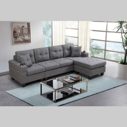 Modern sectional sofa in grey with high-density foam cushions, S-shaped spring backrests, bilateral cup holders, and plastic feet to prevent floor scratches. Stylish, practical, and comfortable design for contemporary living rooms.