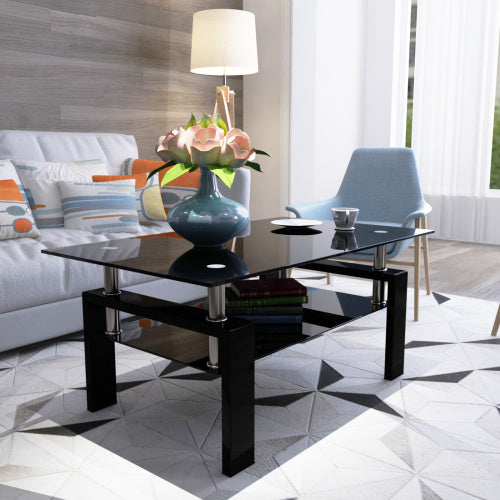 Modern black glass coffee table with double-layer glass structure, metal tube frame for living room or office.