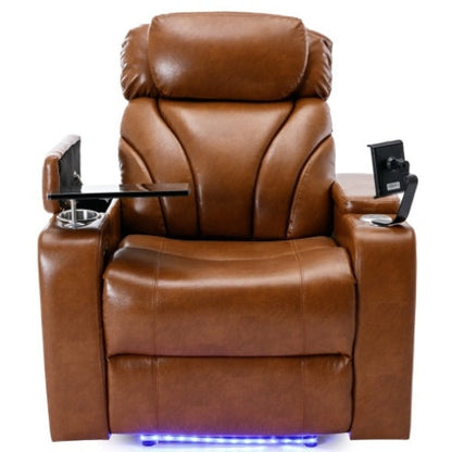 Luxury power motion recliner with USB charging, hidden storage, Bluetooth speaker, LED lighting, and cup holder in light brown PU leather