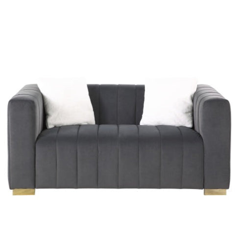 Luxurious 2-seat velvet sofa in grey color, side view