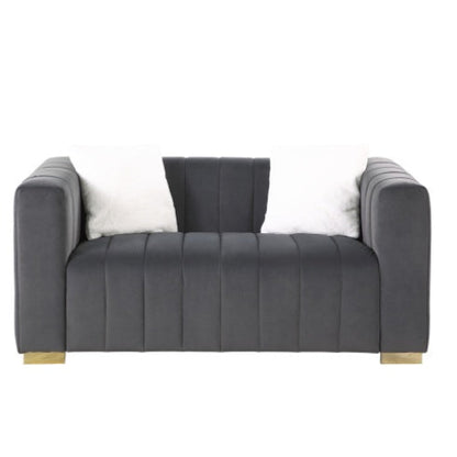 Luxurious 2-seat velvet sofa in grey color, side view