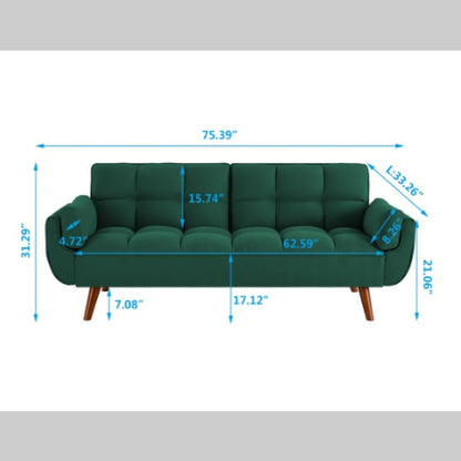 Elegant green velvet sofa with reclining backrest that easily converts into a bed. Ideal for living rooms or guest rooms, combining luxury and functionality.