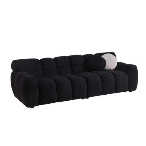 Black 3-seater boucle sofa, marshmallow cushions, premium foam seating, clean lines, luxury upholstery, comfortable seating, durable fabric sofa, modern living room sofa.