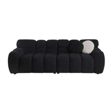 Black 3-seater boucle sofa, marshmallow cushions, premium foam seating, clean lines, luxury upholstery, comfortable seating, durable fabric sofa, modern living room sofa.