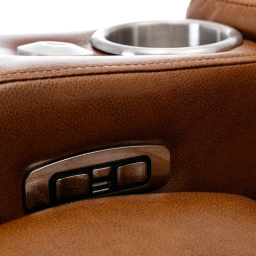 Luxury power motion recliner with USB charging, hidden storage, Bluetooth speaker, LED lighting, and cup holder in light brown PU leather