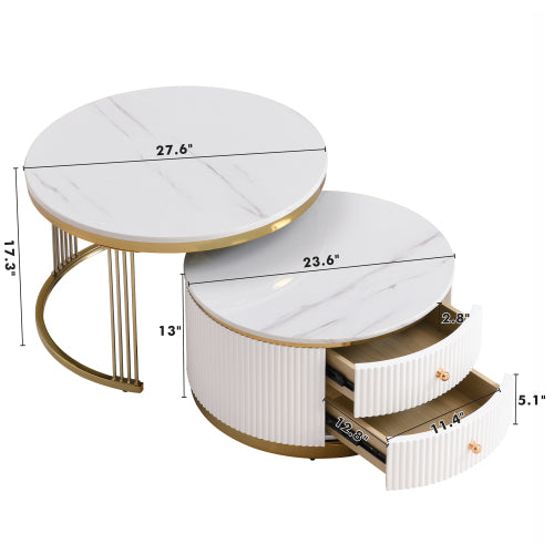 Modern 2-Piece White Round Nesting Coffee Table with Drawers