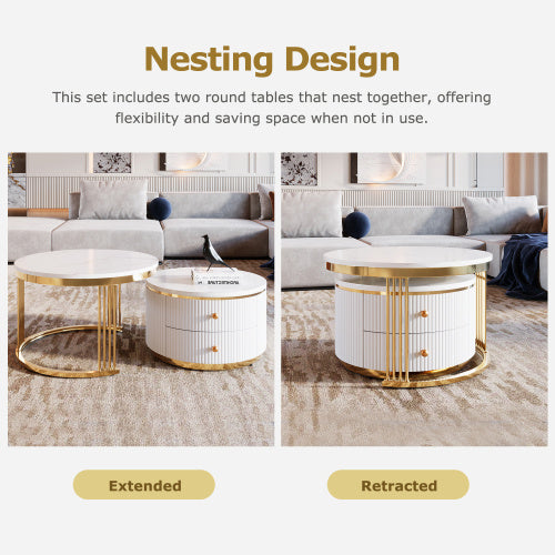 Modern 2-Piece White Round Nesting Coffee Table with Drawers