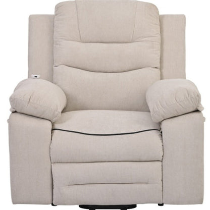 Beige power lift massage recliner chair with heating, infinite reclining positions, and side storage pocket for seniors and living room comfort.