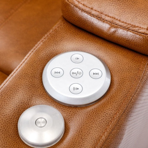 Luxury power motion recliner with USB charging, hidden storage, Bluetooth speaker, LED lighting, and cup holder in light brown PU leather