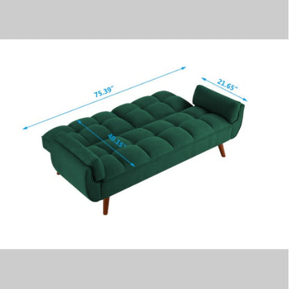 Elegant green velvet sofa with reclining backrest that easily converts into a bed. Ideal for living rooms or guest rooms, combining luxury and functionality.