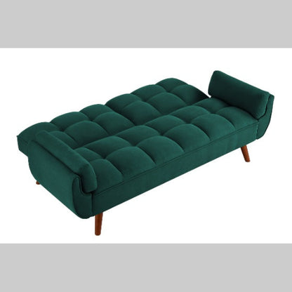 Elegant green velvet sofa with reclining backrest that easily converts into a bed. Ideal for living rooms or guest rooms, combining luxury and functionality.