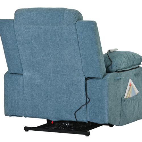 Blue power lift massage recliner chair with heating, infinite reclining positions, and side storage pocket for seniors and living room comfort.