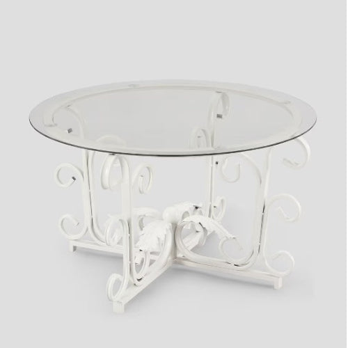 Round Tempered Glass Coffee Table with Metal Leaf-Shaped Base