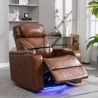 Luxury power motion recliner with USB charging, hidden storage, Bluetooth speaker, LED lighting, and cup holder in light brown PU leather