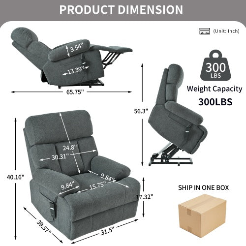 Dark gray oversized power lift recliner chair with electric reclining function, side pocket, and plush cushioning. Ideal for seniors and home theater seating.