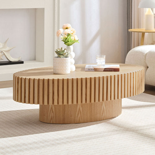 Modern Handmade Drum Coffee Table with a natural ash grain finish and elegant pedestal base.