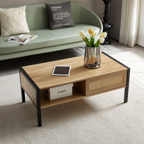 Natural rattan coffee table with sliding door and metal legs